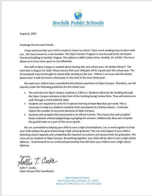 Welcome Back Letter